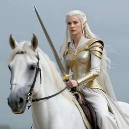 a fantast beauty detailed candice swanepoel as galadriel riding a white horse, with a curved sword, platinum white wavy long hair, white headband in the front with diamonds, jewelry body armor in golden and silver colors, pointy ears, detailed, epic masterpiece of cinematographic hyperrealism, realistic shaded lighting poster by craig mallismo, artgerm, jeremy lipkin and