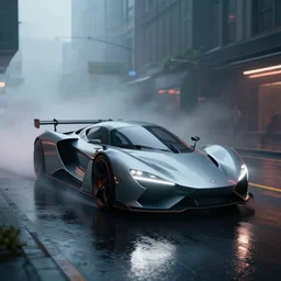 Futuristic supercar on wet city streets, mist, volumetric lighting, octane, cyberpunk