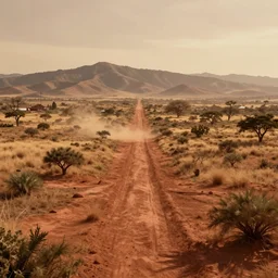 mexican country side for miles and miles, linear perspecttive, mexico native rural landscaping and low mountains in the distance, warm lighting,placement style, vermillion clay, 8k landscape, high def landscape,heavy atmospheric, dust , octane render, cinematic render, realism , hyper realism, 8k, 4k, digital sculpt