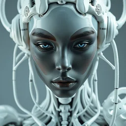 close - up detailed portrait, baroque albino black supermodel in the shape of a robot, by iris van herpen, inflateble shapes, rent gucci dress, wires, tubes, veins, white biomechanical details, epic bionic implants, masterpiece, intricate, biopunk, vogue, highly detailed, artstation, concept art, cyberpunk, octane render, cell shading