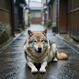 photograph of a wolf crying in on the floor of a japanese rainy alleyway