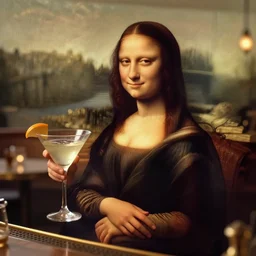 a photorealistic photograph of Mona Lisa holding a dirty Martini during sunset at a classy bar Trending on Artstation, featured on Behance, well-rendered, Unreal Engine, 4K HD