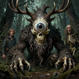 hyperdetailed art nouveau portrait of treebeard as a cthulhu eyeball skull wendigo cryptid, by geof darrow, simon bisley and bill sienkiewicz, grim yet sparkling atmosphere, photorealism, claws, skeleton, antlers, fangs, forest, wild, crazy, horror, lynn varley, lovern kindzierski, steve oliff