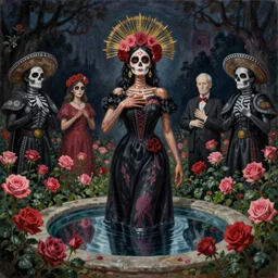 santa muerte being being worshipped by a mexican death cult in a rose garden with a reflective pool, by anton semenov and amanda sage and h.r. giger and thomas kinkade in a surreal dark horror style, oil on canvas, 8k, hd,