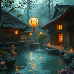 painting of private magical onsen next to japanese inn with levitating lanterns and dragon spirits by greg rutkowski craig mullins ross tran cozy hot springs bonsai zen garden steamy flowers japanese motifs concept art clear focus fantasy d & d cinematic lighting unreal engine lumen trending on artstation