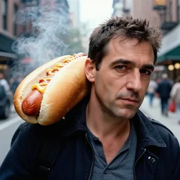 closeup portrait of a man carrying a giant hotdog on his shoulder in a smoky new york back street, by Annie Leibovitz and Steve McCurry, natural light, detailed face, CANON Eos C300, ƒ1.8, 35mm, 8K, medium-format print