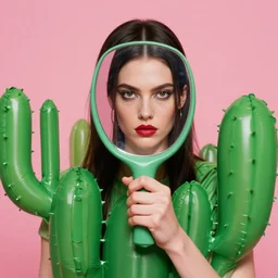 extremely detailed studio closeup portrait of a fashion model peeking through inflatable cactuses holding a mirror that hides the face. surreal photograph, lo - fi, polished look, solid background, silly and serious, hermes ad, fashion photography, toiletpaper magazine by pierpaolo ferrari and maurizio cattelan, 3 5 mm photograph, colourful, david lachapelle, canon eos c 3 0 0, 8 k, medium - format print