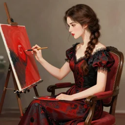 beautiful woman with braided brown hair, wearing an elegant dress, sitting in a chair, painting, red and black color palette, in the style of greg rutkowski, high quality anime artstyle, intricate!!!!!