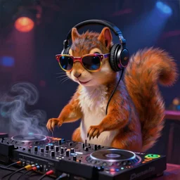 an anthropomorphic squirrel dj wearing headphones and colored sunglasses, stadning at a dj table playing techno music, bokeh, at a club, hyperrealistic, highly detailed, dark background, volumetric lighting, smoke, colored lights, concept art, digital art, oil painting, character design by charlie bowater, ross tran, artgerm, makoto shinkai, wlop