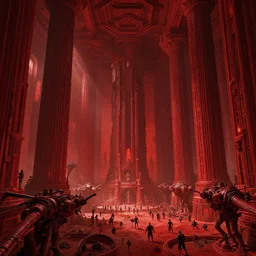 the depths of a vast artificial world with massive towering pillars holding the ceiling of the landscape up, detailed, ruby coloration, energetic beings patrolling, extreme depth, hieronymus bosch and peder balke collaboration, godrays, colossal hovering machine automations of brutalist design visible in the foreground