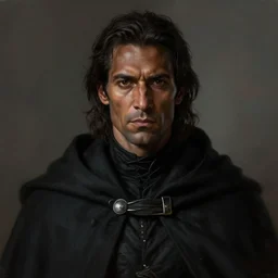 Portrait of an man in a black cloak with dark hair, dark skin, male, detailed face, fantasy, highly detailed, cinematic lighting, digital art painting by greg rutkowski