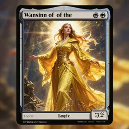 magic card of a tall female wizard in long yellow robes, wizards of the coast, backlit, powerful beauty