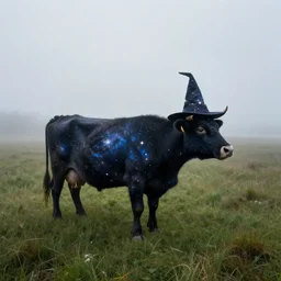 a detailed picture of a cow standing made of stars and nebulas in a grassy field wearing a witch hat, cow wearing hat!!! viewed in profile and far away, fog in the background, ultrawide lens, aerial photography, black and blue color scheme with gold highlights, art in an absurdist style, artstation, 8 k