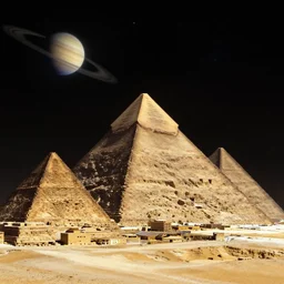 gigantic solar pyramids towering over a small city meteor in the dark starry sky of saturn by kelly freas