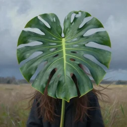 closeup, girl with giant monstera head, standing in field, surreal photography, wind and cold, dramatic sky, impressionist painting, digital painting, artstation, simon stalenhag