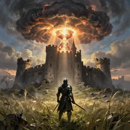dark souls, knight, castle ruined, high grass field, nuclear bomb, mushroom cloud, by caspar david friedrich