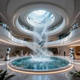 extremely detailed stunning curvilinear museum interior with water centered sculpture piece and led strips and robots