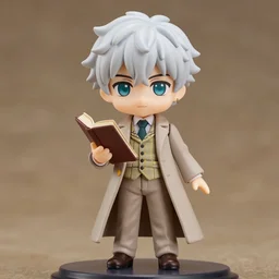nendoroid aziraphale from good omens, holding book, good omens tv series, white curly short hair, beige suit, long coat, khaki tartan vest, michael sheen