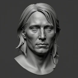 grayscale masterpiece zbrush sculpture of a realistic portrait of mads mikkelsen as a pirate, likeness, high quality, clay render, ambient occlusion, anatomy, human face