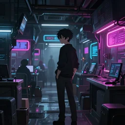 a neon noir neon noir cyberpunk background arr in a quiet quiet quiet shop in the cyberpunk anime film, Shichiro Kobayashi, screenshot in the anime series ergo proxy by makoto shinkai, hazy and dreary