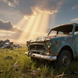 vivid, by jordan grimmer, macro, art greg rutkowski, high detail, cinematic view, concept art, epic sky, detailed, huge scene, grass, low angle, warm lighting, trending on artstation, godrays, beautiful, macro, volumetric, abandoned old car close - up at a landfill