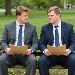 two clean - shaven chubby white men in suits and neckties sitting on a park bench. each men are holding manila folders.