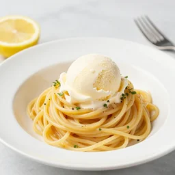 dslr food photograph of spaghetti with ice cream and lemon, 5 0 mm f 1. 4, bokeh, restaurant in the background, a bottle of red wine