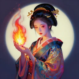 female geisha girl holding a colorful flame, beautiful face, colourful, rule of thirds, intricate outfit, spotlight, by greg rutkowski, by jeremy mann, digital painting