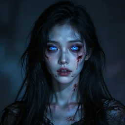 beautiful zombie girl, black hair, blue eyes, glowing skin, photorealistic