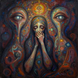 painful abstract surrealist forms by yvonne mcgillivray by android jones by michael divine, powerful eyes glowing highly detailed painting of deep sadness alone, spiritual abstract forms, expressive emotional sadness, symmetrical, trending on art station, abstract in emotional sadness expression, very very very beautiful, fantasy digital art, highly detailed patterned visionary art, magic symbols