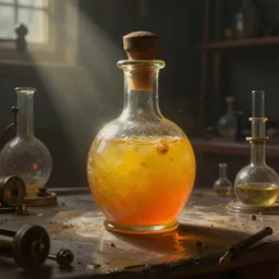 a steampunk painting of a vintage yellow / orange potion bottle, lit by a single ray of sunlight in a dark dusty vintage science lab, by h. r. giger, hyperrealistic fantasy art, concept matte, ethereal, dreamy, digital art, trending on artstation, volumetric cinematic lighting