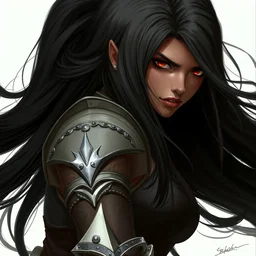beautiful warrior lady, black long hair, practical armor, brown skin, demonic eyes, low fantasy, extremely detailed, sharp focus, smooth, digital illustration, by rossdraws, frank franzzeta, sakimichan