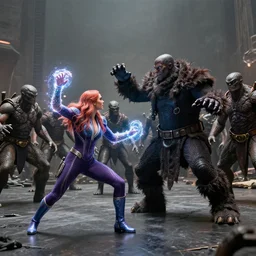 wide angle movie stills of gugu mbatha - raw as sue storm in fantastic four movie using her iridescent particles force field powers while battling doctor doom, and an army of shapeshifter lizard like humanoids called the skrulls