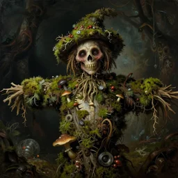 a close - up renaissance fantasy portrait of a scarecrow creature covered in moss, mushrooms, and swamp, highly detailed science fiction horror painting by norman rockwell, frank frazetta, and moebius. gloomy dark environment, blurry organic dark background. sci - fi renaissance masterpiece