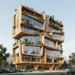 futuristic timber building facade with wi dows and vegetation - h 9 8 0