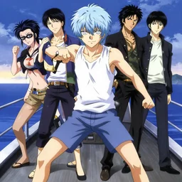 style of madhouse anime, rei hiroe, loish, artgerm, joshua middleton, revy from black lagoon, symmetrical eyes and symmetrical face, jean shorts, white tank top, full body, action pose, on a boat, smirk on face, evening, natural lighting