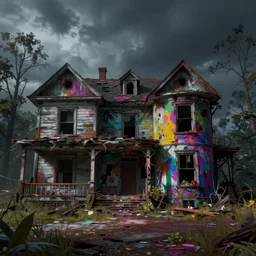 a haunted destroyed house, trending on artstation, wide view, cinematic view, cinematic, 8 k, digital photo, unreal engine, colored paint, colorful paint, scary style