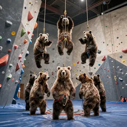 high quality cinematic photo of a bunch of bears in a top rope competition at a rock climbing gym, hyper realism, high detail, vibrant, octane render, 8k
