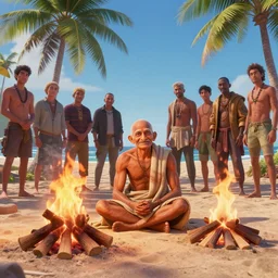 muscular gandhi at the beach, sitting on the sand next to a campfire, with palm trees in the back, by artgerm, ilya kuvshinov katsuhiro villeneuve, jeremy lipkin and michael garmash and rob rey, disney pixar zootopia, by tristan eaton, stanley artgermm, tom bagshaw, greg rutkowski, carne griffiths