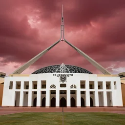 award winning photo of the australian parliament house architecturally designed with strong sinister and occult masonic design, heavy red storm clouds