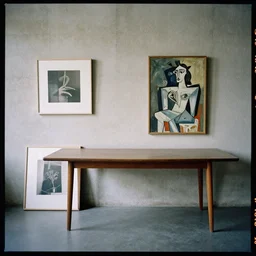 kodak portra 4 0 0, 8 k, highly detailed, britt marling style, award winning colour still - life portrait of a large minimalistic room with rough concrete walls, a picasso painting, a square wall picture is leaning on the wall, a 1 9 5 0 s table, a 1 9 5 0 s table