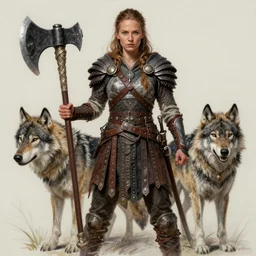 gorgeous!! hyper - realistic solo woman resembling alicia vikander as a battle - worn viking warrior wielding a giant axe, accompanied by a dire wolf | intricate, highly detailed, digital painting, character design, character concept art | drawn by wlop, drawn by jeehyung lee, drawn by artgerm, drawn by peter kemp