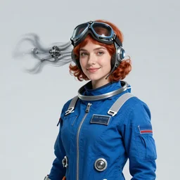 the portrait a female scientist in her thirties, blue spaceflight tights, wearing pilot goggles, scientific and technological wind, mechanical wind, smile, red short curly hair, blue gloves, illustration by wenjun lin, irakli nadar, bright colors, octopath traveler, wenjun lin, unreal engine 5 highly rendered, global illumination, radiant light, detailed and intricate environment