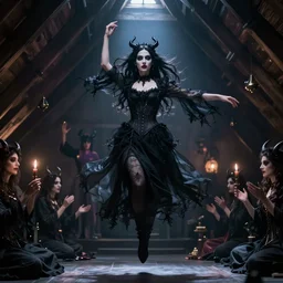 levitating goth woman in the attic, demonic magic ritual by Emmanuel Lubezki