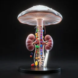 Simple anatomic xray, bionic exploded drawing, crossection fungus skeleton sculpture, jellybeans, organs, kidney, by david lachapelle, by angus mckie, by rhads, in a dark empty black studio hollow, c4d, at night, rimlight, c4d, by jonathan ivy, by alex grey, Haeckel