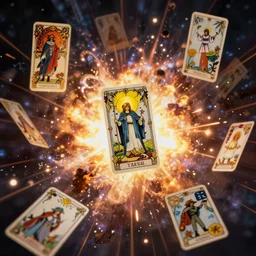 magical tarot cards floating in the midst of magical explosions, matte painting, epic scale, 8 k, sharp focus, by caspar friedrich, albert bierstadt, james gurney, brian froud,