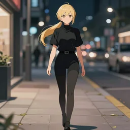 a blonde woman with a ponytail wearing black clothes wanders through a city at night, anime