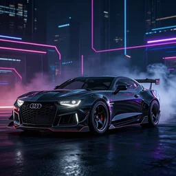 widebody all black audi camaro b 9 ( 2 0 2 0 ), need for speed : carbon, at night, sci - fi, neon lines, phonk music background, smoke behind wheels, noise, dark, establishing shot, by simon stalenhag