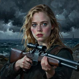 Elle Fanning holding a sniper rifle in the style of Paola Vetri, head and shoulders portrait, stormy weather, extremely detailed masterpiece, oil on canvas, low-key neon lighting, artstation, Blade Runner 2049, Roger Deakin’s cinematography, by J. C. Leyendecker and Peter Paul Rubens and Edward Hopper and Michael Sowa,