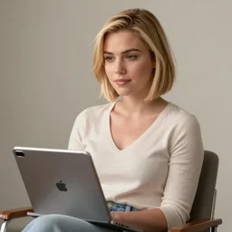 film still of brittany murphy seated in chair beside ipad, short blonde hair, beautiful face, wearing shirt, realistic proportions, ink, black and white, illustration, cinematic composition, lineart, clean lines, sean phillips